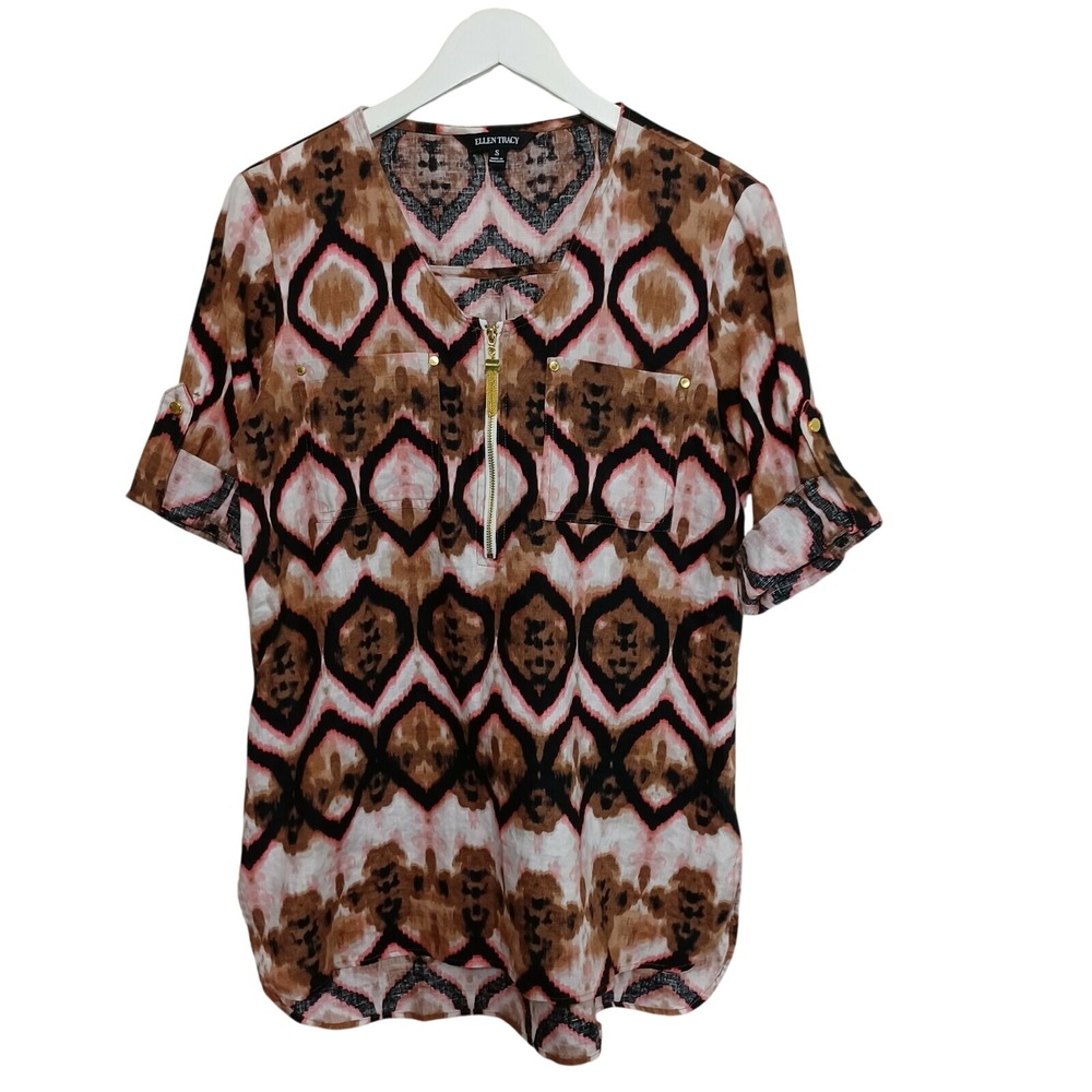 Ellen Tracy Womens Ikat Geometric Half Zip Tassel Blouse Brown Pink Small